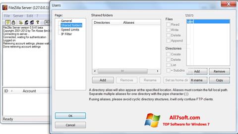 Снимак заслона FileZilla Server Windows 7