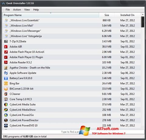 Снимак заслона Geek Uninstaller Windows 7